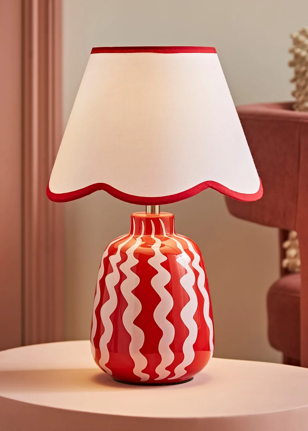 ValueLights Katy Pink & Red Wiggle Stripe Table Lamp with Scallop Shade - One Size Image 1