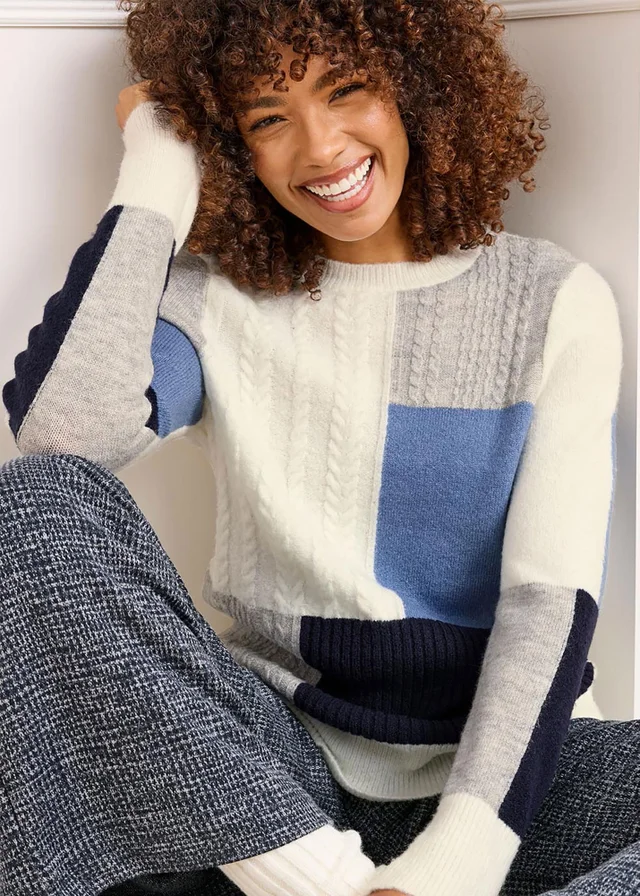 Cotton Traders Navy Patchwork Crew Neck Jumper