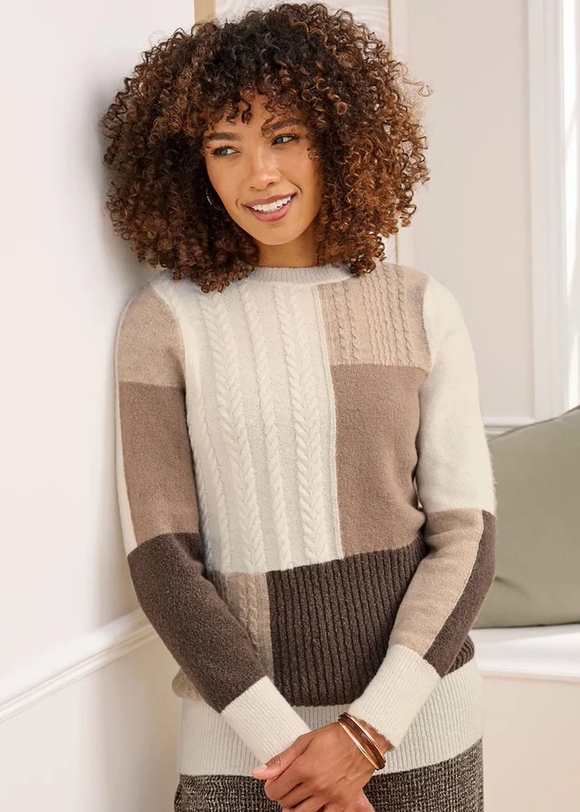 Cotton Traders Dark Chestnut Patchwork Crew Neck Jumper