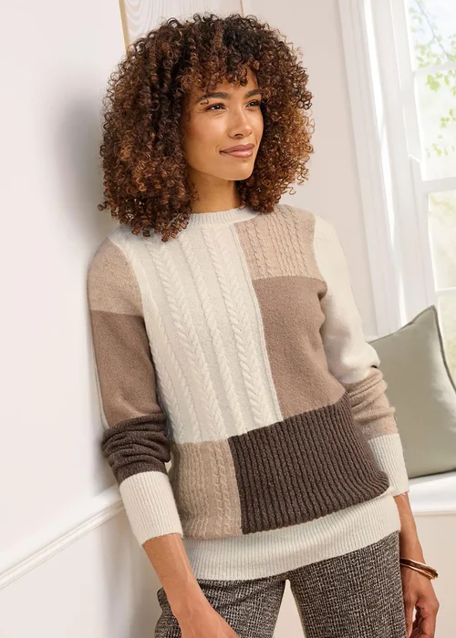 Cotton Traders Dark Chestnut Patchwork Crew Neck Jumper - Size 24 Image 2