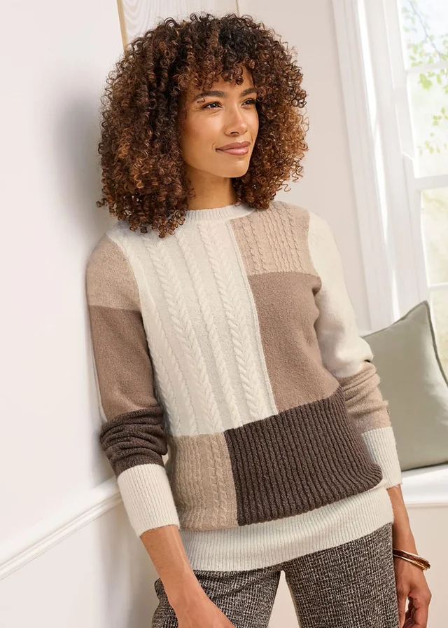 Cotton Traders Dark Chestnut Patchwork Crew Neck Jumper