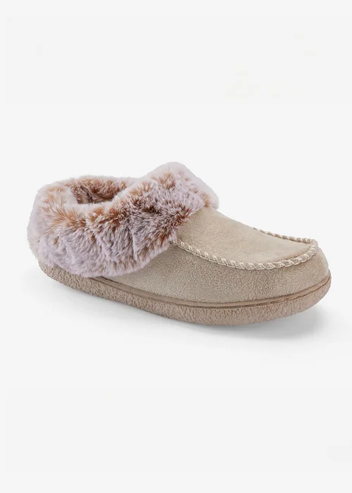 Cotton Traders Parchment Moccasin Faux Fur Collar Slippers - Size 7 Image 1