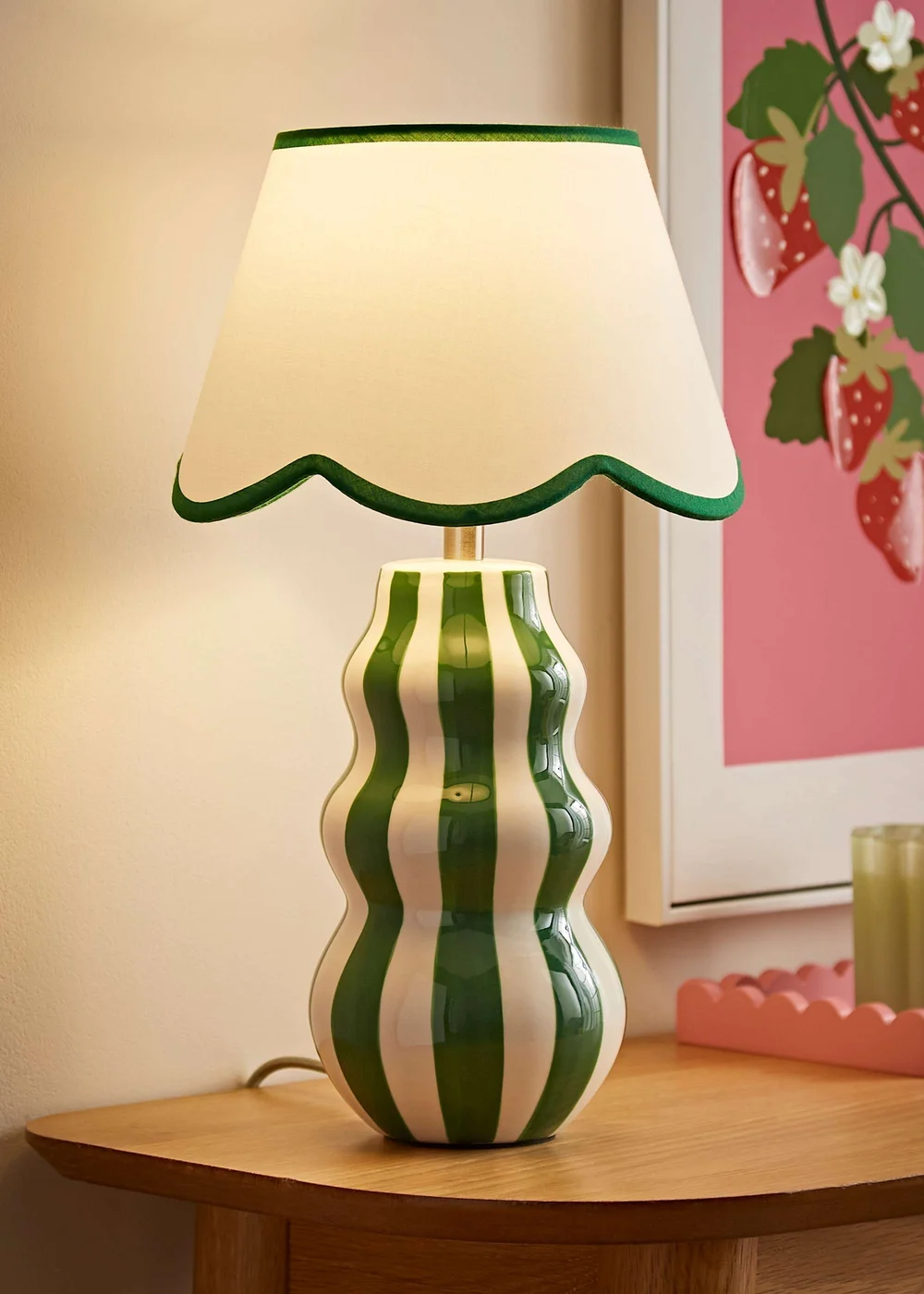 ValueLights Everie Green Stripe Table Lamp with Scallop Shade - One Size Image 1