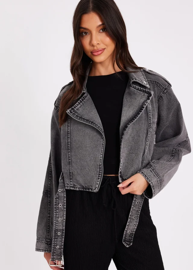 Quiz Grey Denim Biker Jacket
