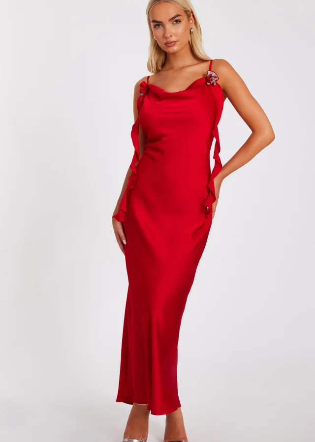Quiz Red Satin Corsage Midaxi Dress