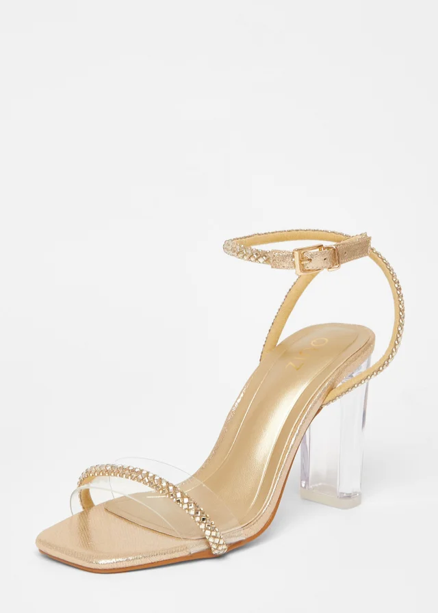 Quiz Gold Diamante Clear Block Heels