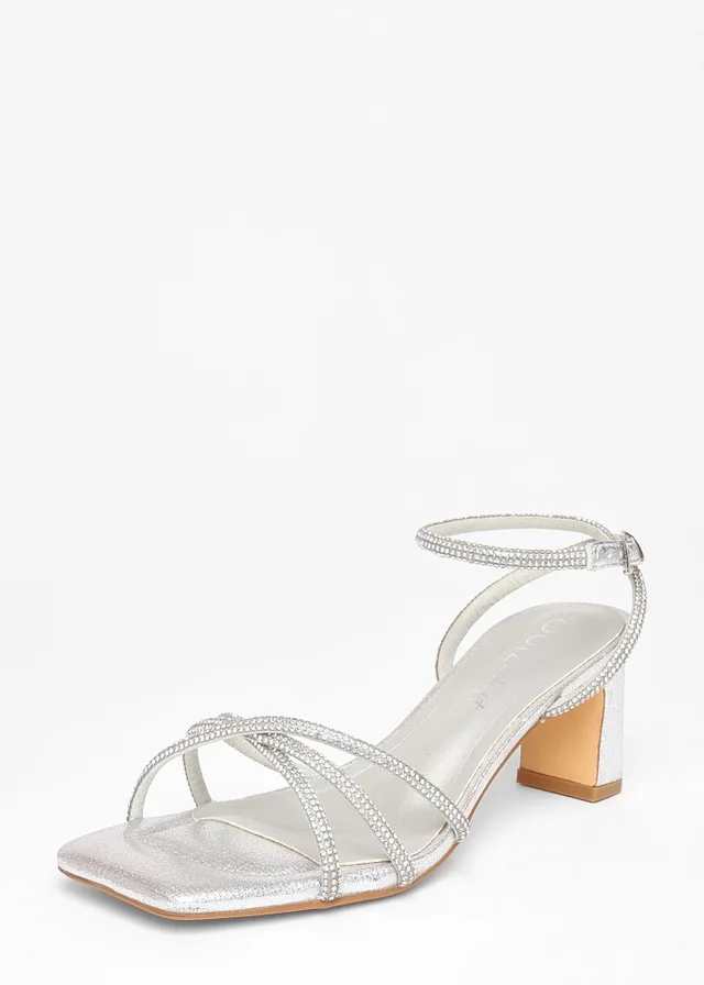 Quiz Silver Wide Fit Diamante Strap Block Heels