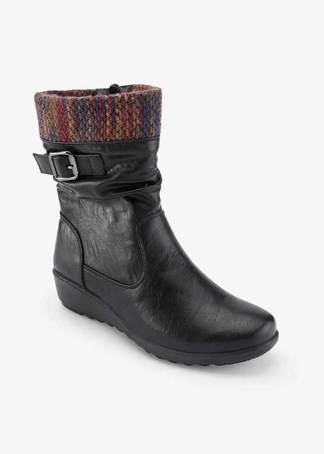 Cotton Traders Black Flexisole Mid-Calf Knitted Collar Boots