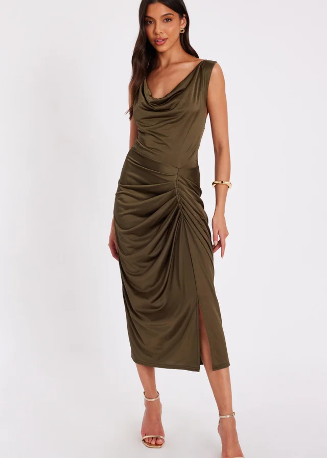 Quiz Khaki Cowl Neck Midi Dress