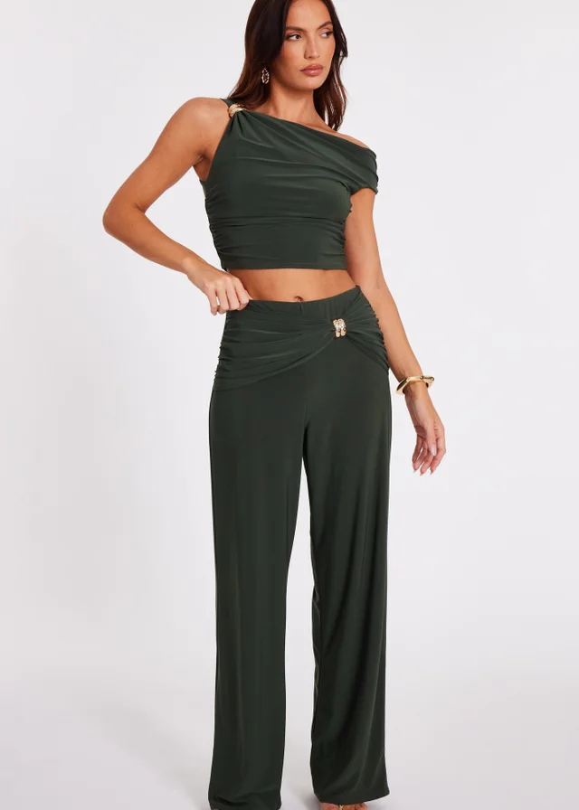 Quiz Khaki Buckle Wide Leg Trousers