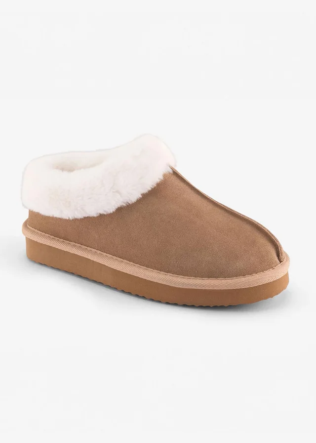 Cotton Traders Tan Suede Plush Lined Bootie Slippers