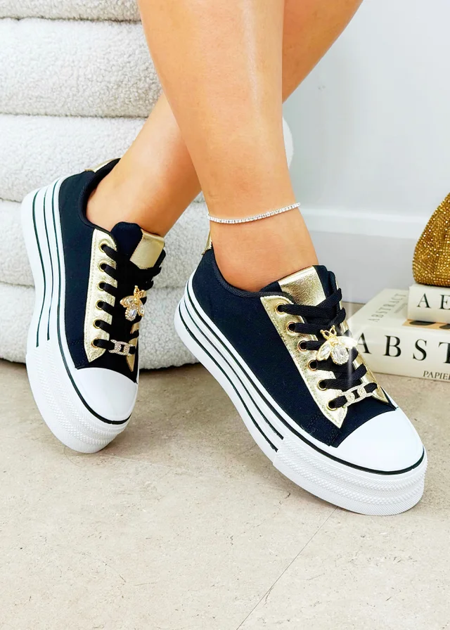 Love Lemonade Black Sparkly Bee Platform Trainers