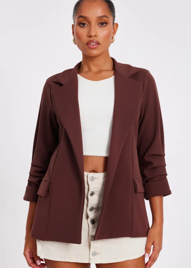 Quiz Brown Petite Ruched Sleeve Blazer