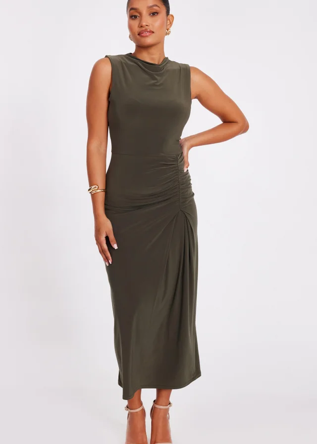 Quiz Khaki Petite Ruched Bodycon Midaxi Dress
