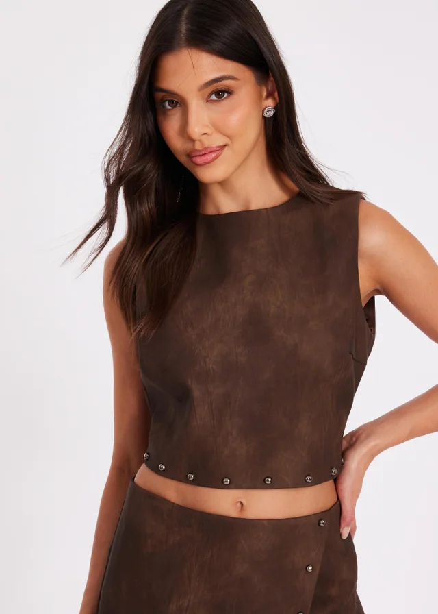 Quiz Brown Studded Faux Leather Top