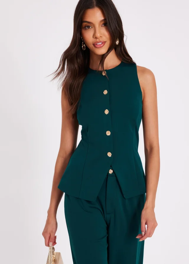 Quiz Green Button Front Waistcoat