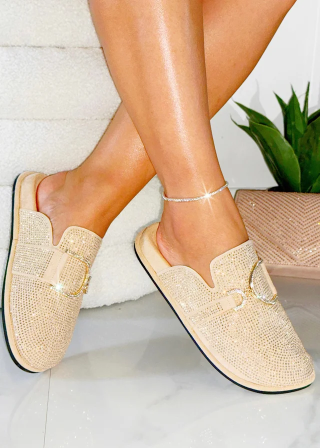 Love Lemonade Nude Crystal Imperial Suede Slip On Clog Mules