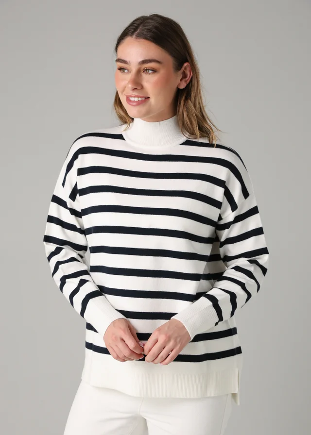 French Connection White Oversized High Neck Cosy Striped Long Sleeve Jumper