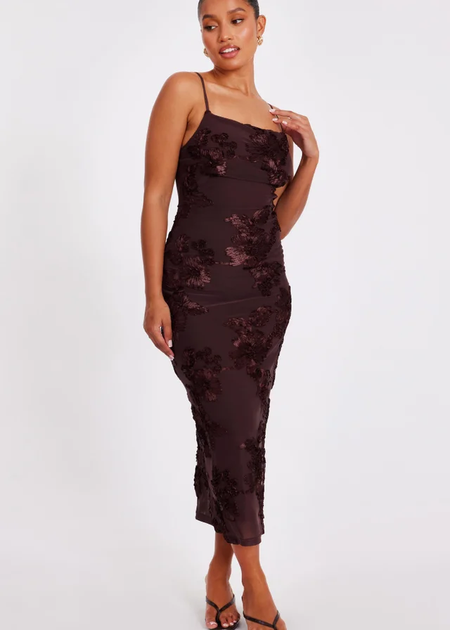 Quiz Brown Petite Floral Applique Midaxi Dress