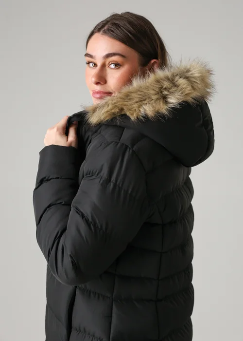 French Connection Black Midi Padded Parka Jacket With Faux Fur Hood - S Image 3