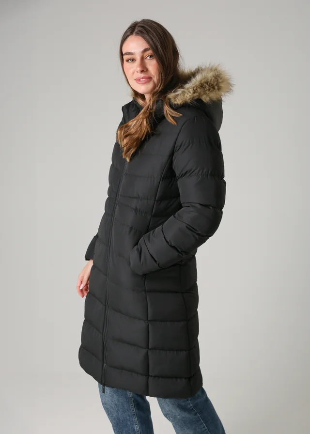 French Connection Black Midi Padded Parka Jacket With Faux Fur Hood