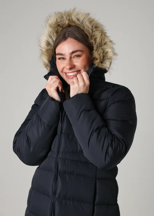 French Connection Navy Midi Padded Parka Jacket With Faux Fur Hood - M Image 3