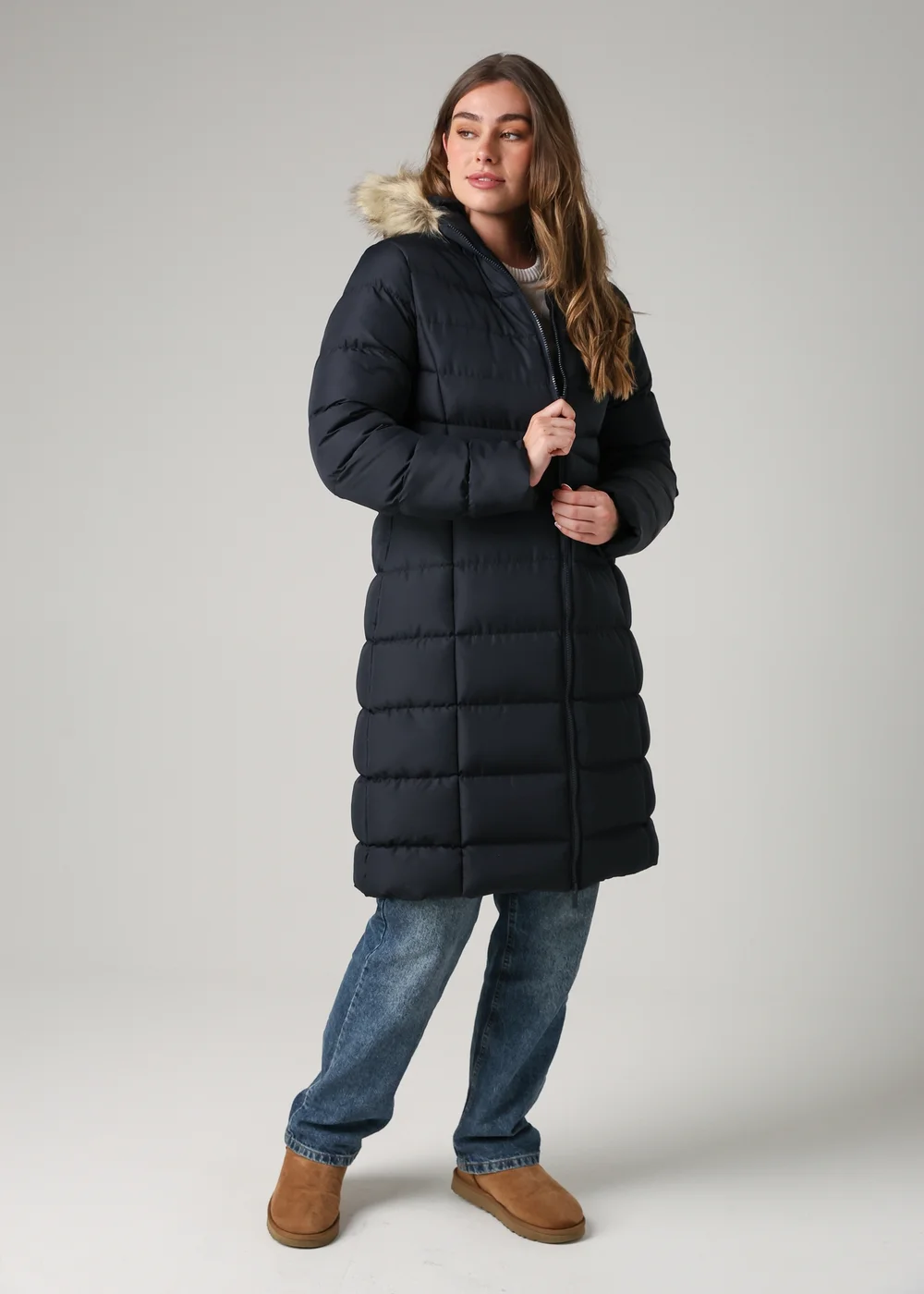 French Connection Navy Midi Padded Parka Jacket With Faux Fur Hood - M Image 1