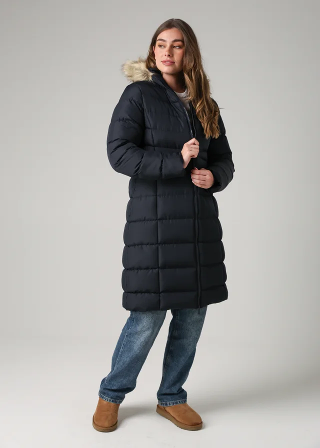 French Connection Navy Midi Padded Parka Jacket With Faux Fur Hood