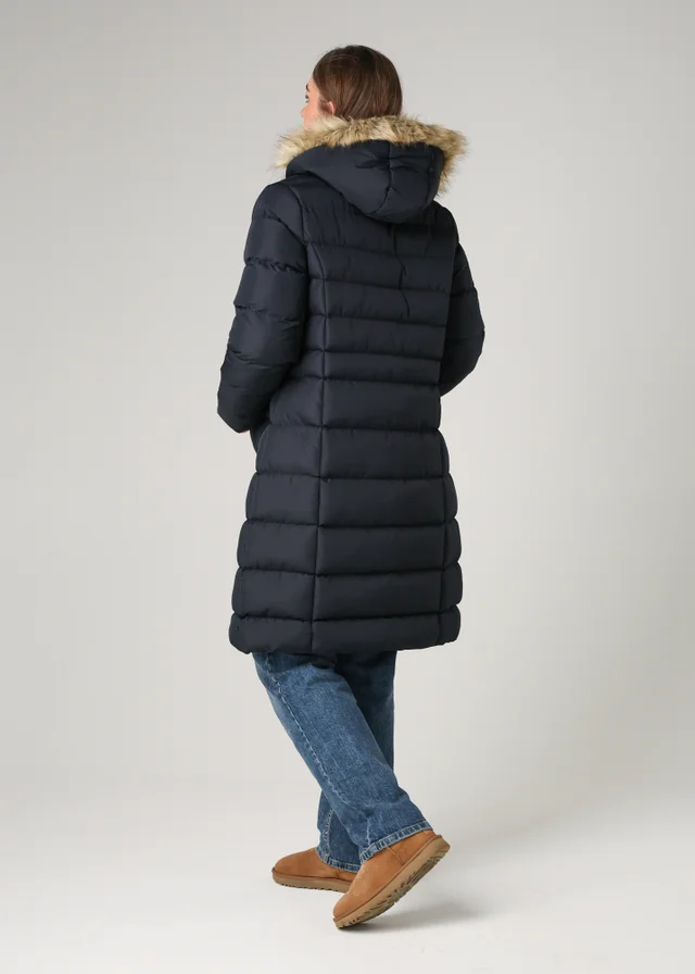 French Connection Navy Midi Padded Parka Jacket With Faux Fur Hood