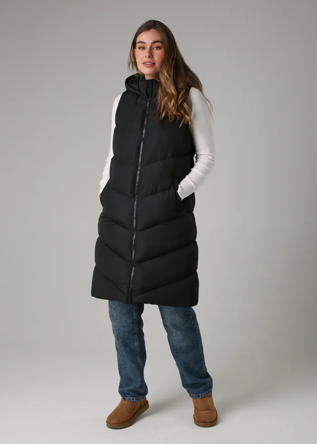 French Connection Black Midi Quilted Gilet With Hood
