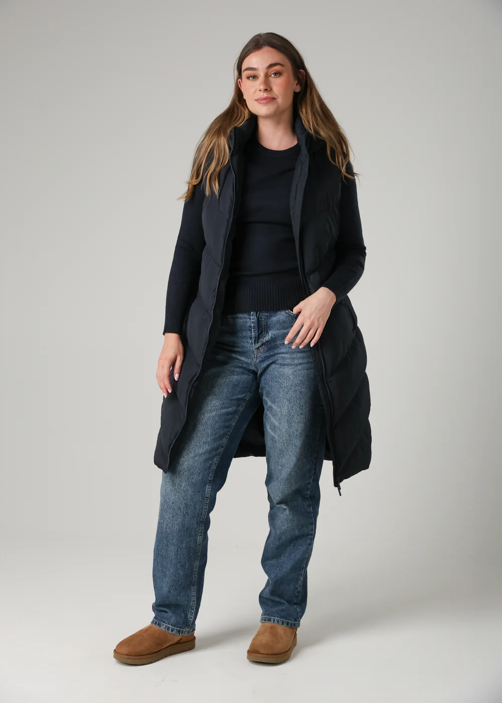 French Connection Navy Midi Quilted Gilet With Hood - XL Image 1