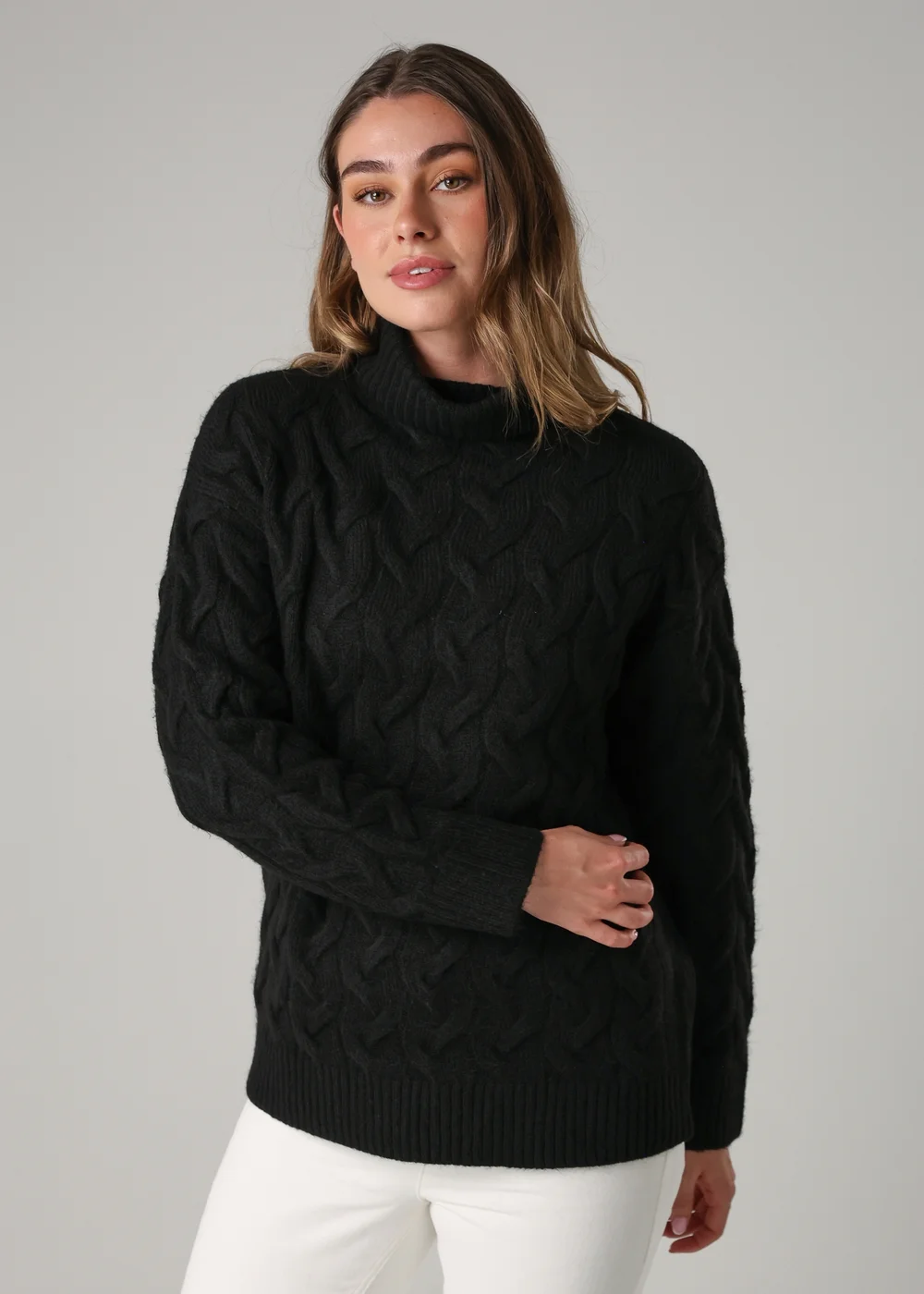 French Connection Black Cable Knit Roll Neck Long Sleeve Jumper - L Image 1