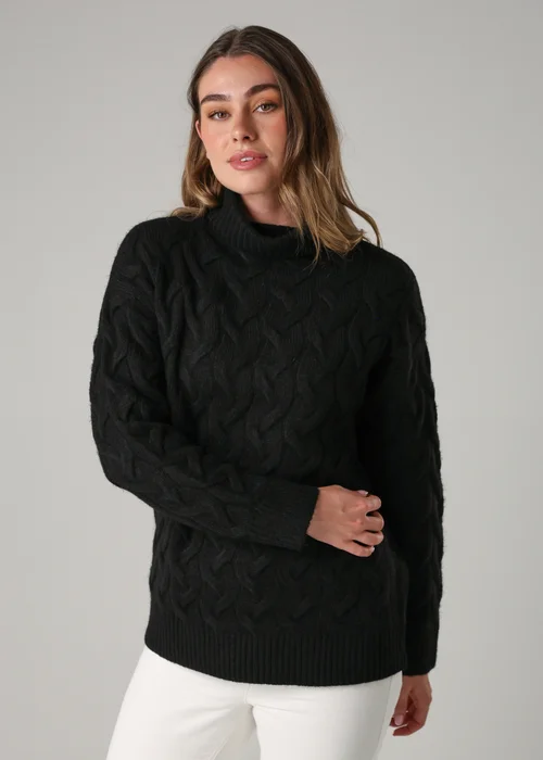 French Connection Black Cable Knit Roll Neck Long Sleeve Jumper - L Image 1