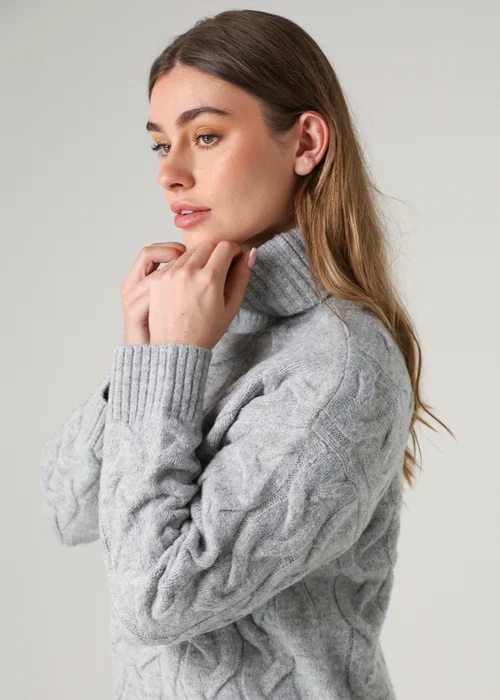 French Connection Light Grey Cable Knit Roll Neck Long Sleeve Jumper - Extra Large Image 3