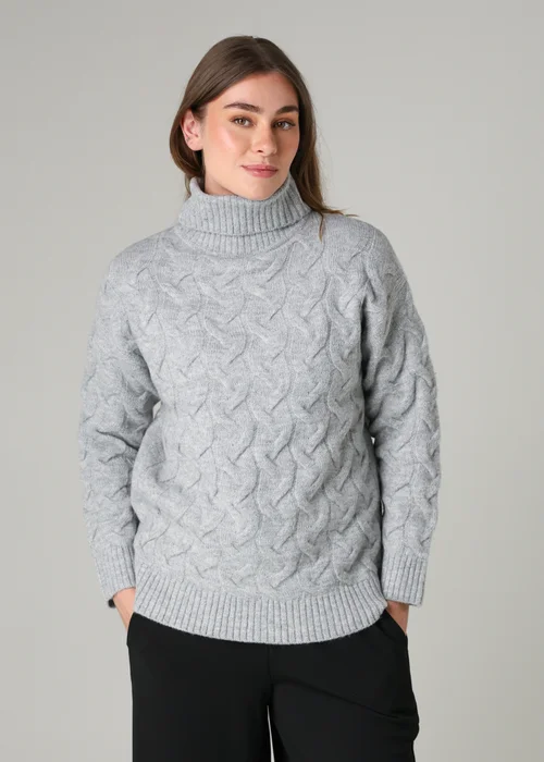 French Connection Light Grey Cable Knit Roll Neck Long Sleeve Jumper - Extra Large Image 1