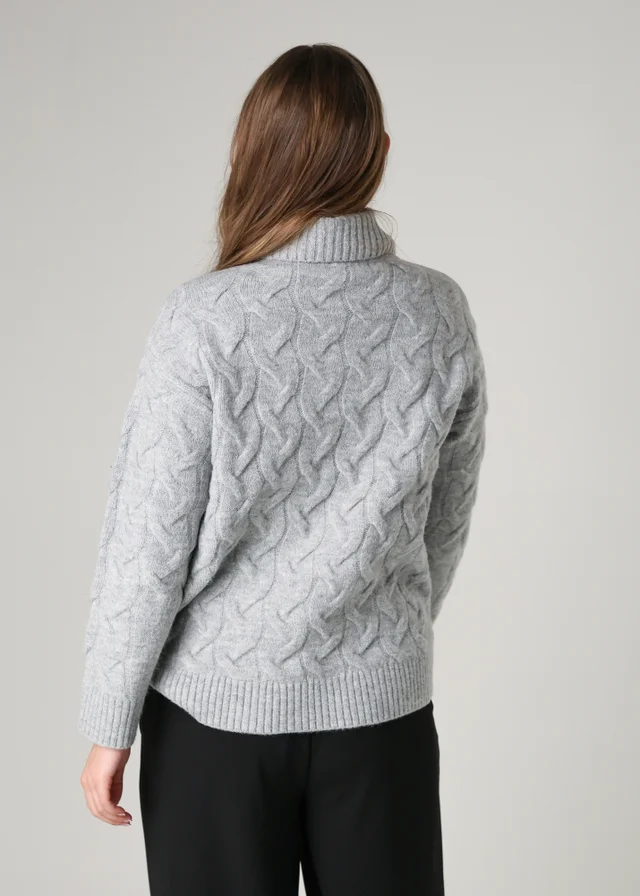 French Connection Light Grey Cable Knit Roll Neck Long Sleeve Jumper