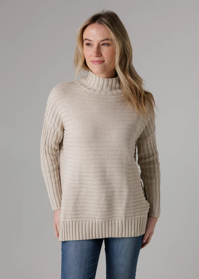 French Connection Beige Cotton Ribbed Knit High Neck Jumper