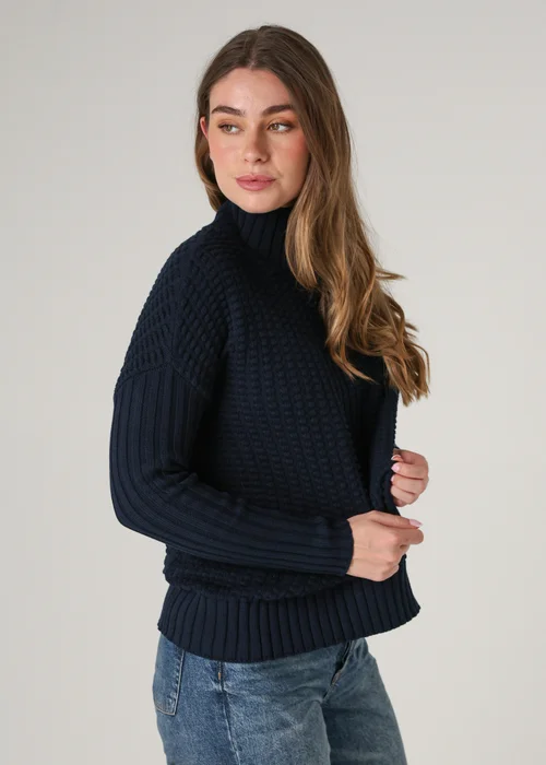 French Connection Navy Cotton Mozart Popcorn Knit High Neck Jumper - Large Image 3