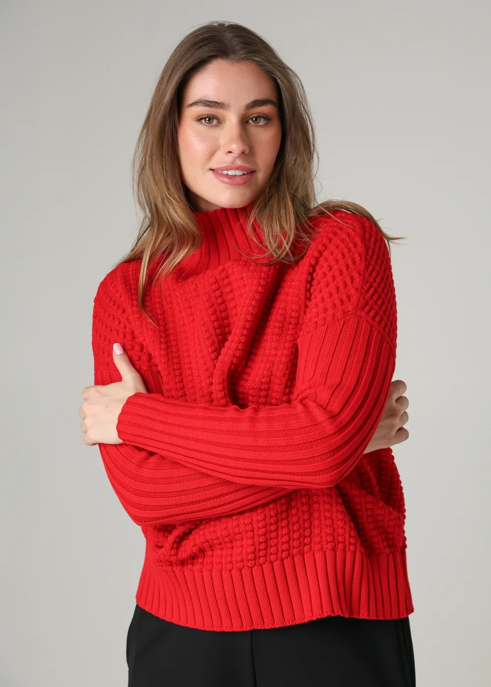French Connection Red Cotton Mozart Popcorn Knit High Neck Jumper - L Image 1
