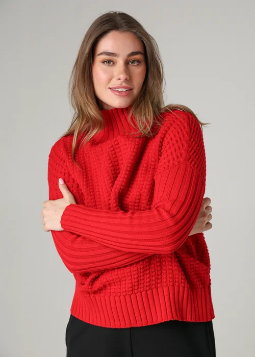 French Connection Red Cotton Mozart Popcorn Knit High Neck Jumper - L Image 1