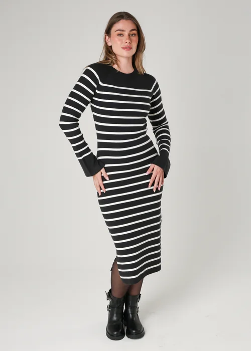 French Connection Grey Cosy Striped Midi Dress with Bell Sleeves - L Image 4