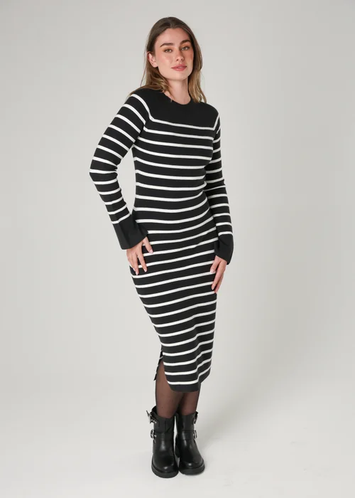 French Connection Grey Cosy Striped Midi Dress with Bell Sleeves - L Image 1