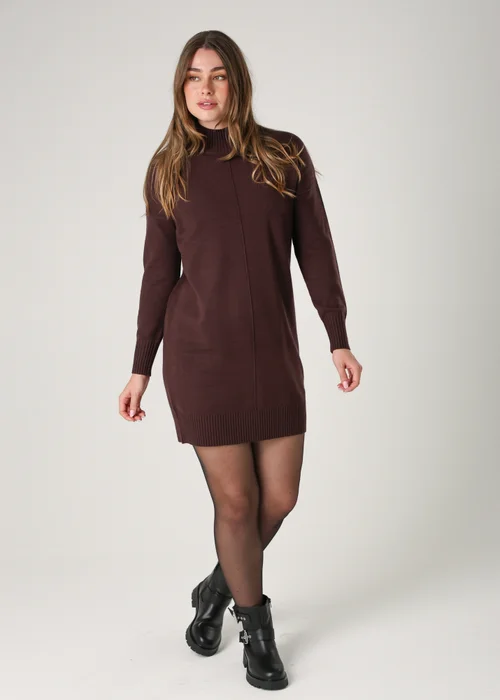 French Connection Brown Cosy Soft Touch High Neck Seam Jumper Mini Dress - S Image 4