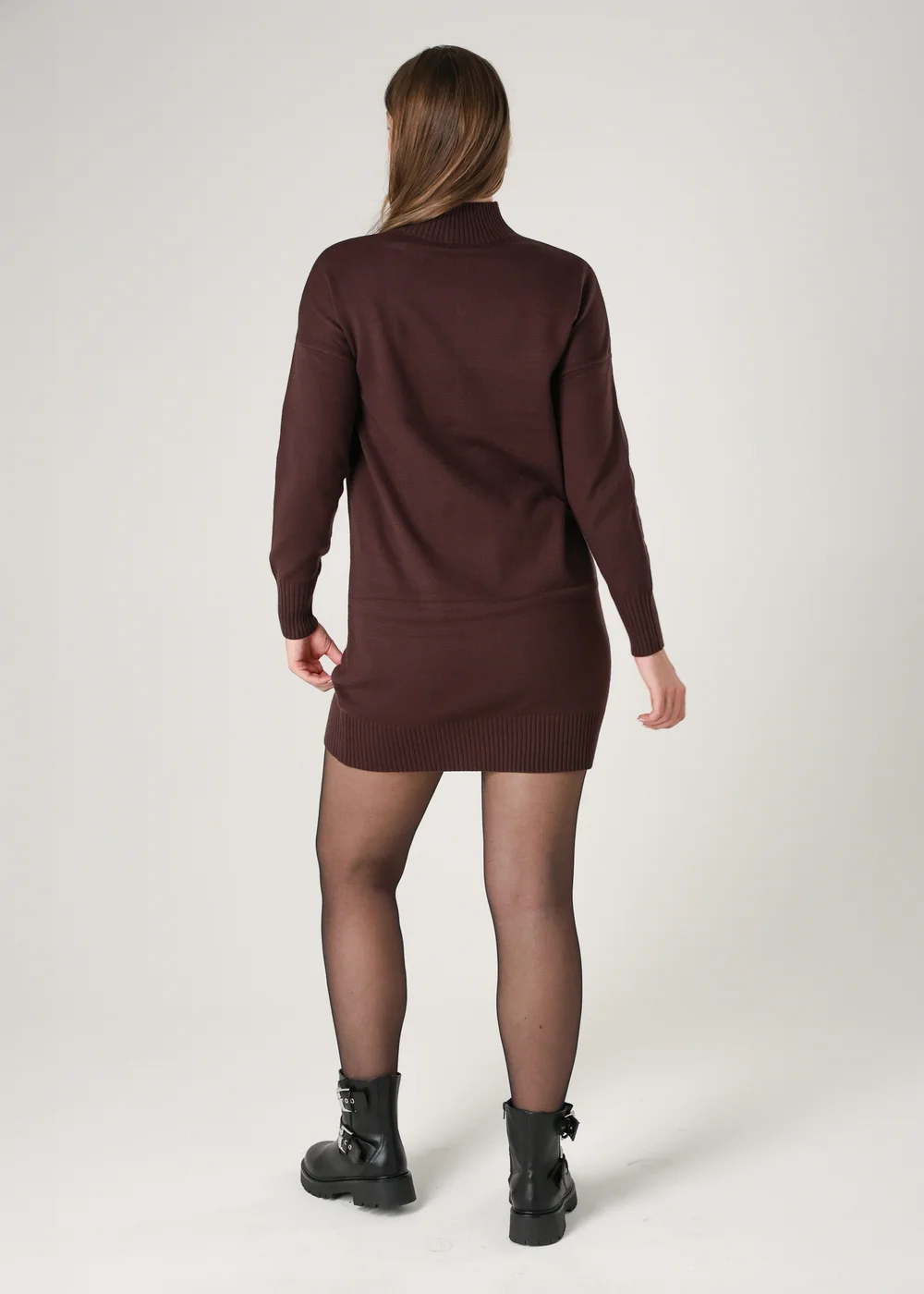 French Connection Brown Cosy Soft Touch High Neck Seam Jumper Mini Dress - S Image 2