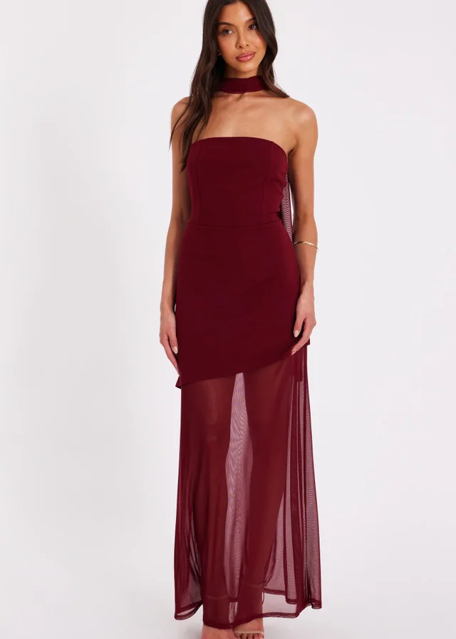 Quiz Burgundy Strapless Mesh Hem Maxi Dress