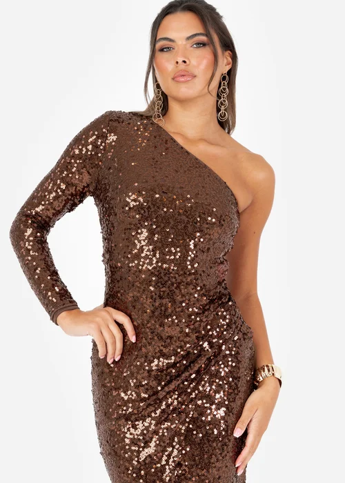 Maya Deluxe Brown Fully Embellished One Sleeve Midaxi Dress - 8 Image 3