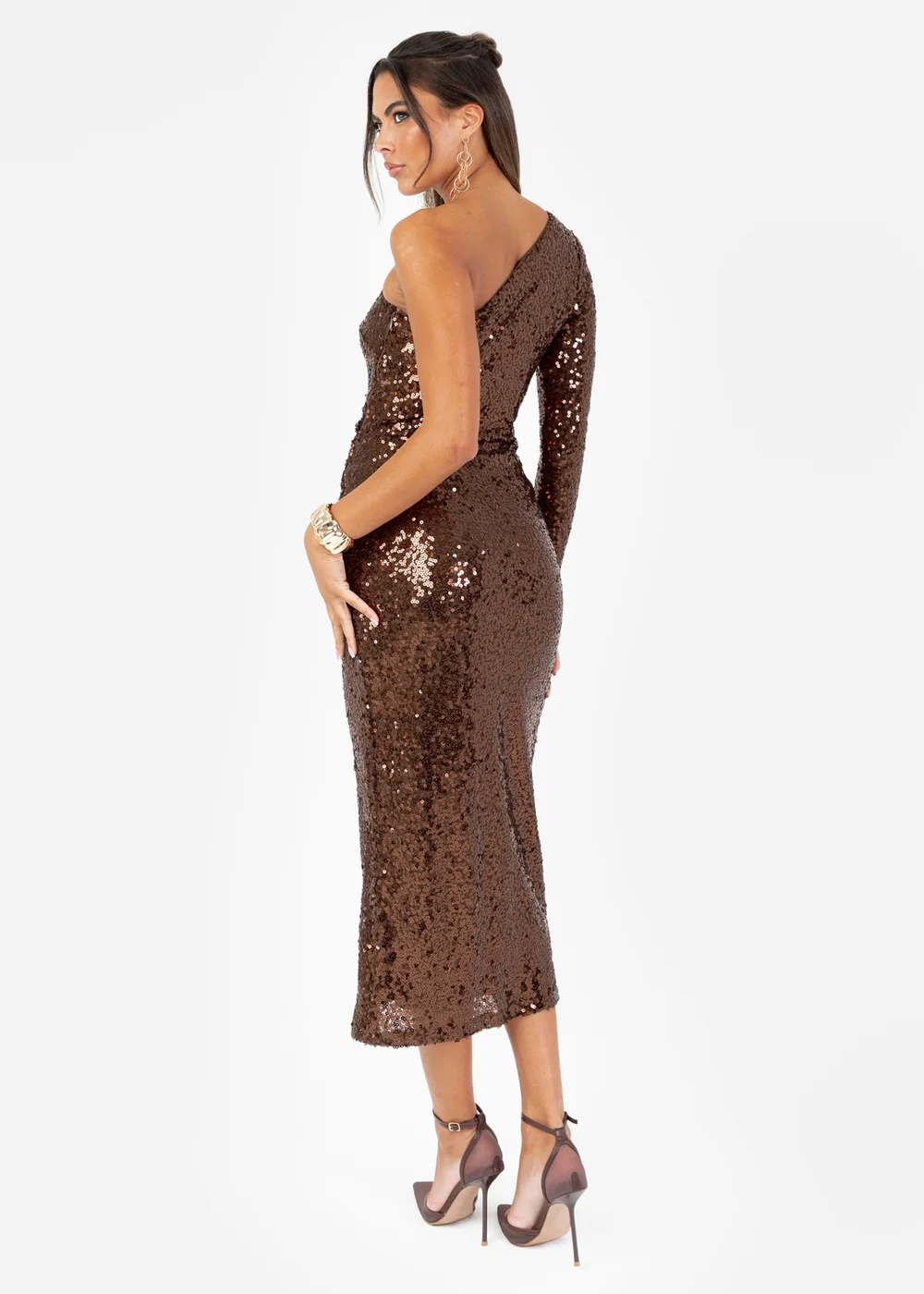 Maya Deluxe Brown Fully Embellished One Sleeve Midaxi Dress - 8 Image 2
