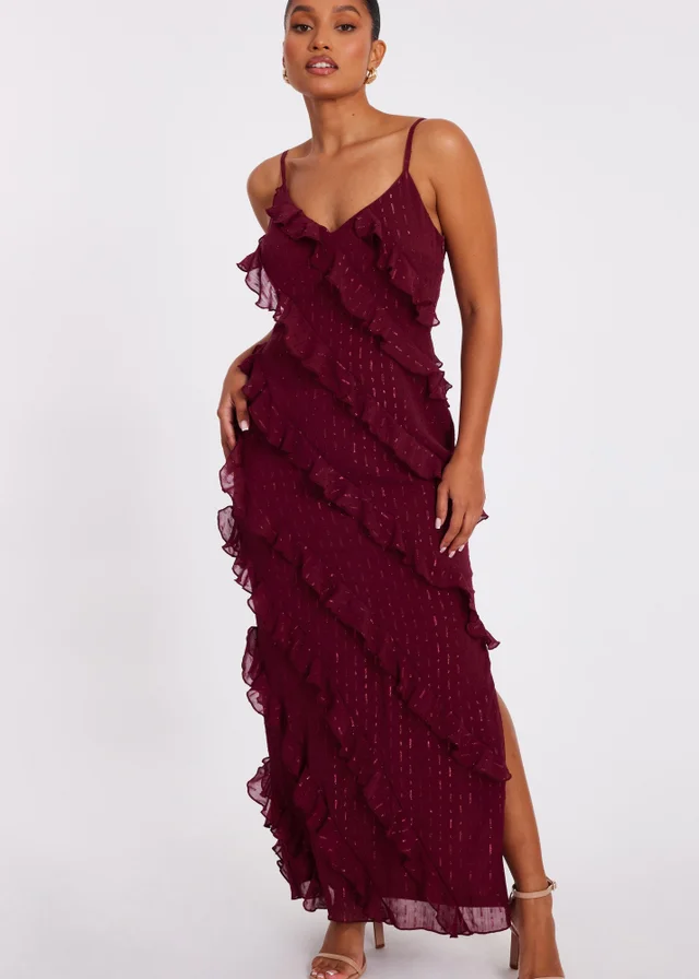 Quiz Red Petite Chiffon Ruffle Midaxi Dress