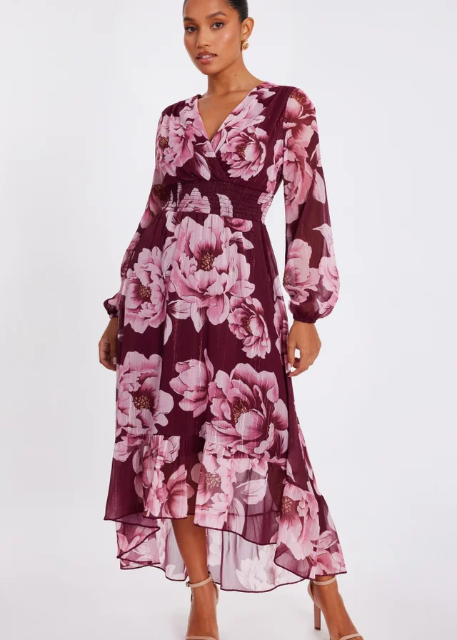 Quiz Burgundy Petite Floral Tiered Midaxi Dress