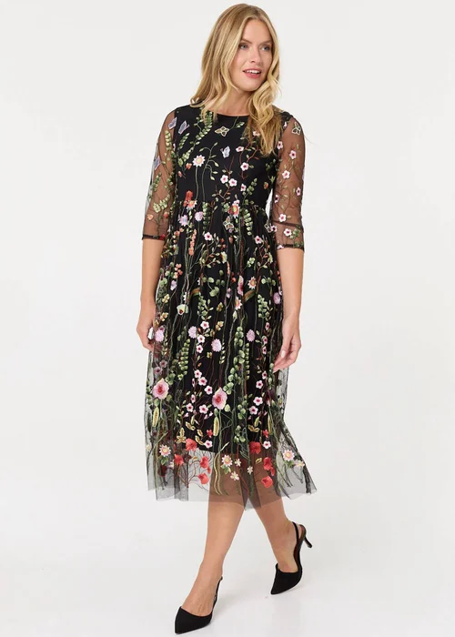 Izabel London Black Floral Embroidered Mesh Midi Dress - 10 Image 4